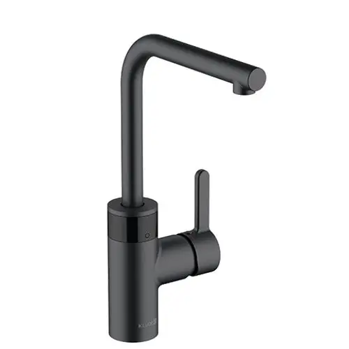 Schwarzer Küchenarmatur von Kludi mit hohem Auslauf und seitlichem Hebel zur Wasserregulation, geeignet für die Installation an einem Spülbecken.